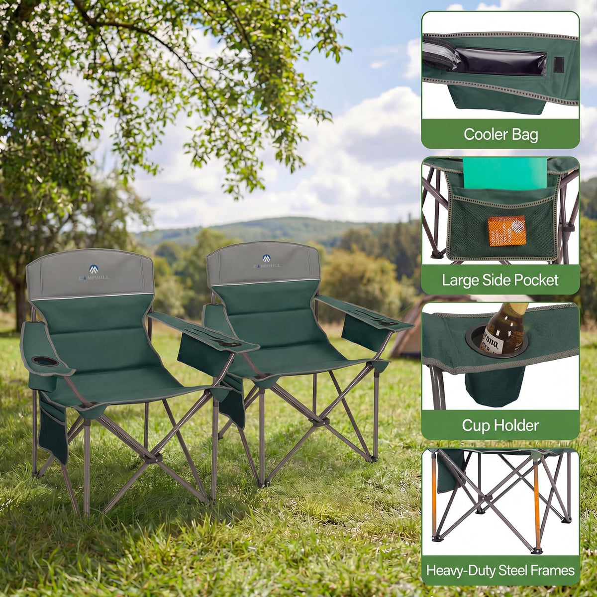 Oversized 2 Pack Heavy Duty Padded Camping Chair with Cooler Bag R540392