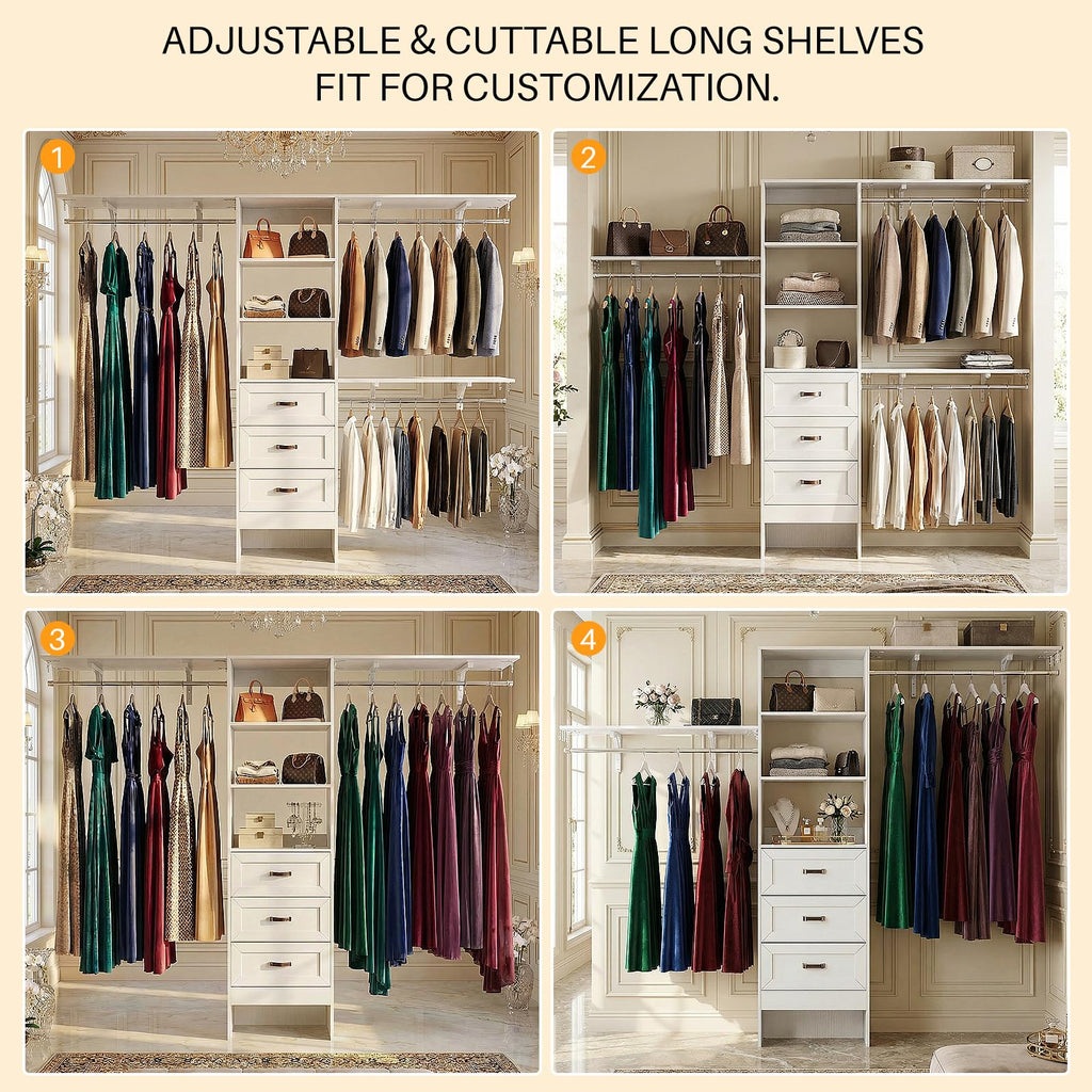 8FT White Wooden Closet System with 3 Drawers and 3 Hanging Rods I7596