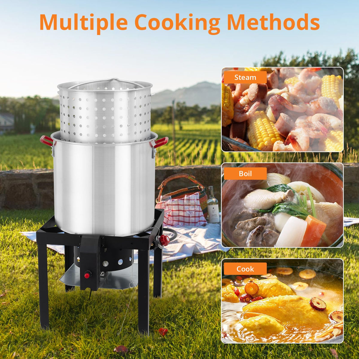 60 Qt Aluminum Seafood Boil Pot with Basket & Burner J1268