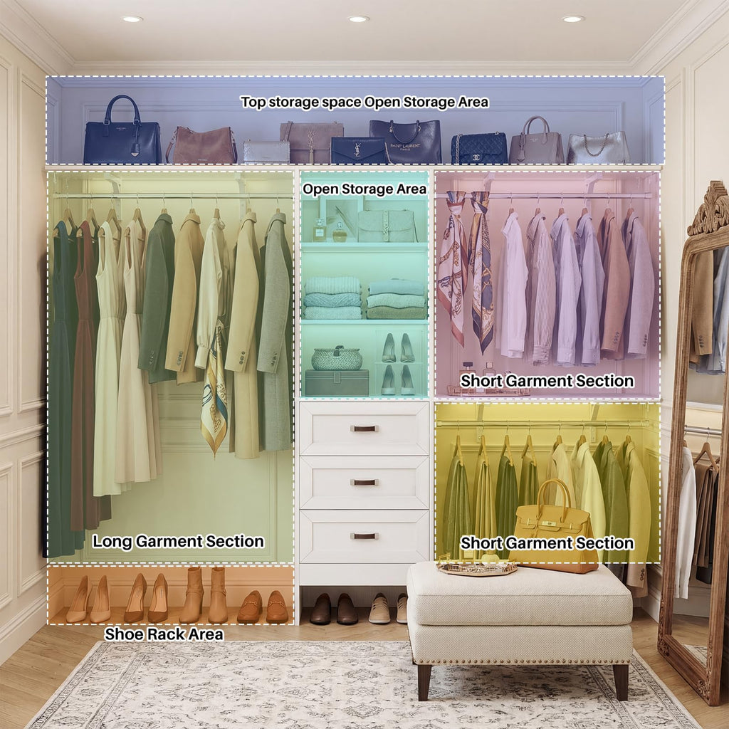 8FT White Wooden Closet System with 3 Drawers and 3 Hanging Rods I7596