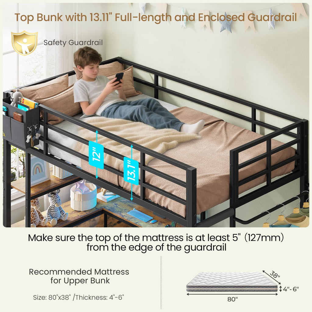 Twin XL Over Twin Bunk Bed with Desk and 5 Storage Drawers J64863