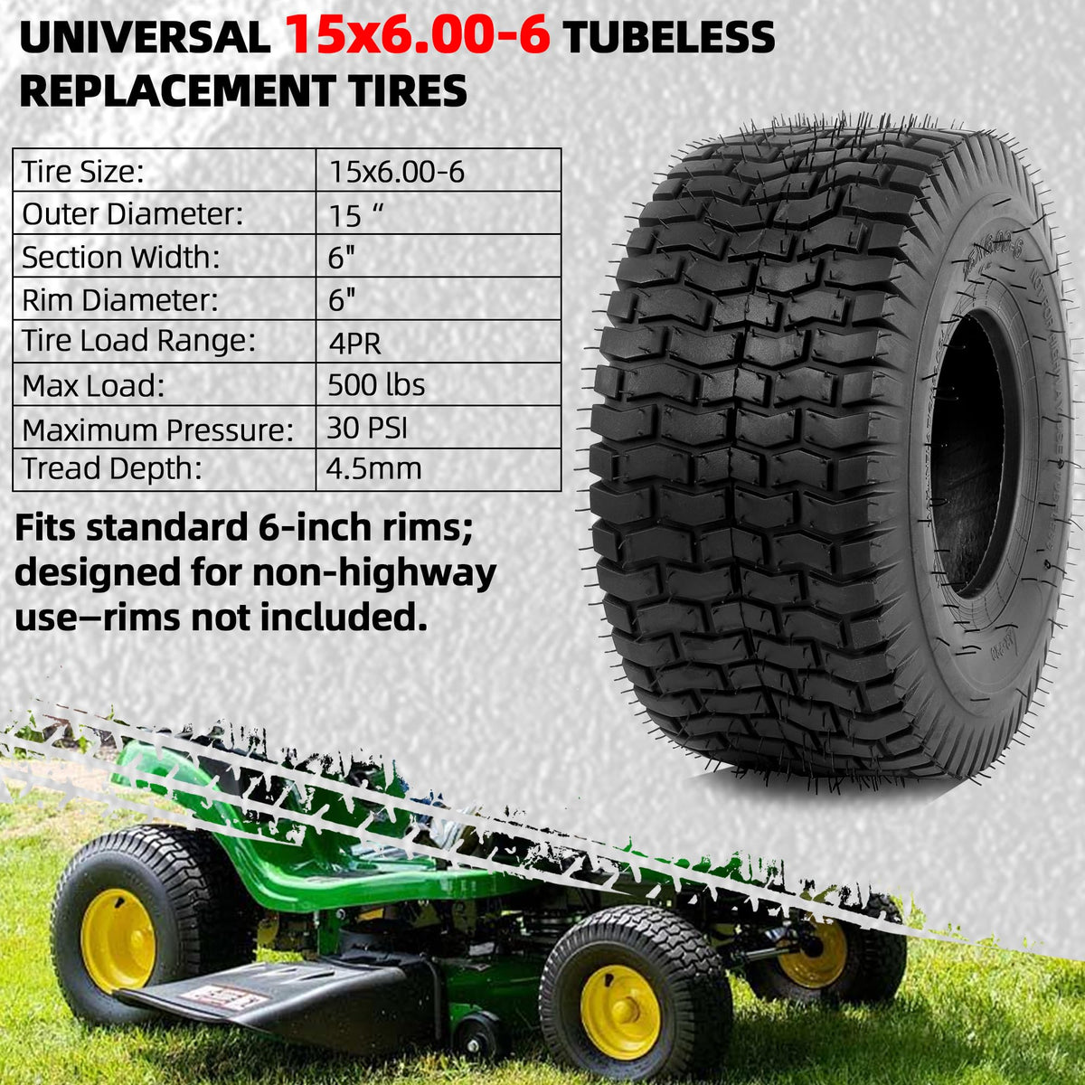15x6.00-6 Tubeless Tire 4 Ply Turf Treads T24133