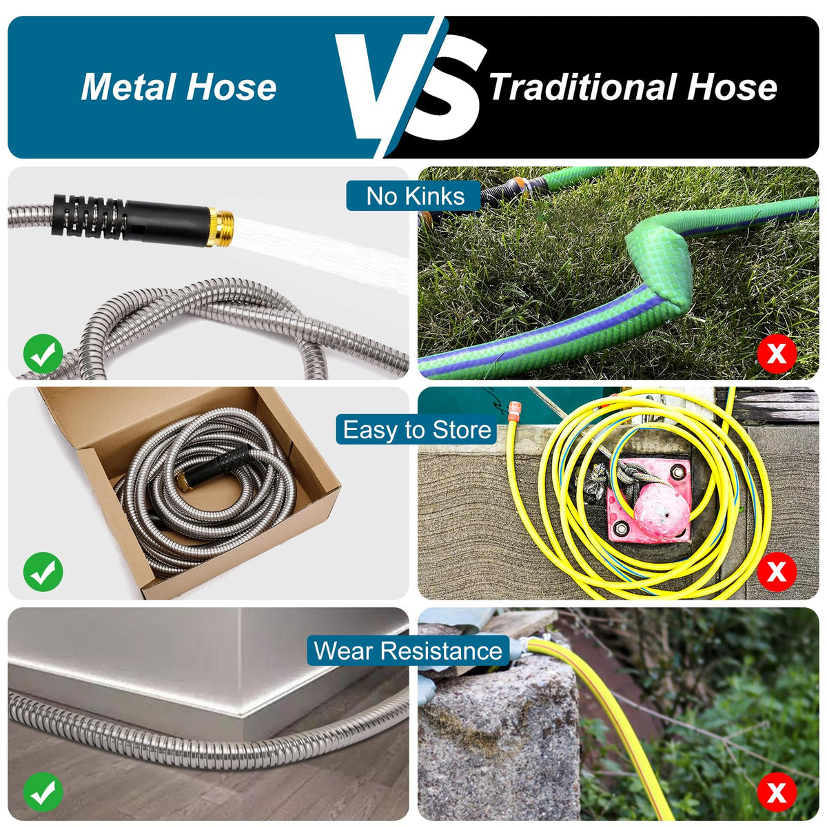 Metal Garden Hose 100 ft x 5/8 in Stainless Steel Non Expandable Kink Resistant L44244