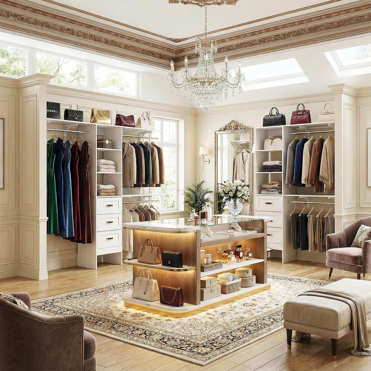 8FT White Wooden Closet System with 3 Drawers and 3 Hanging Rods I7596