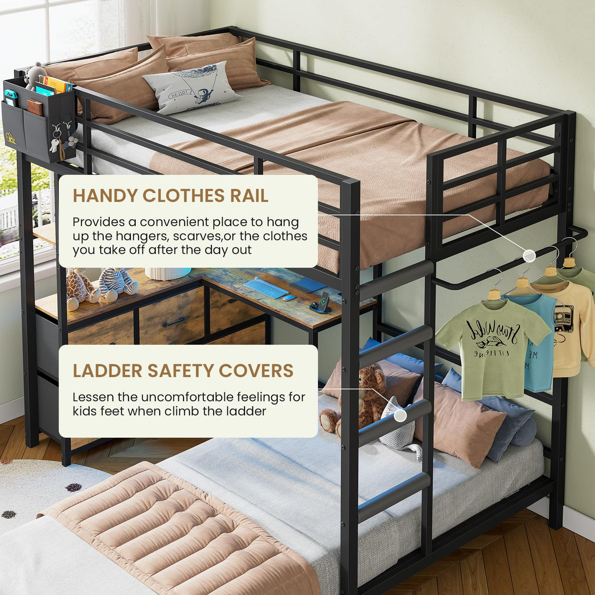 Twin XL Over Twin Bunk Bed with Desk and 5 Storage Drawers J64863