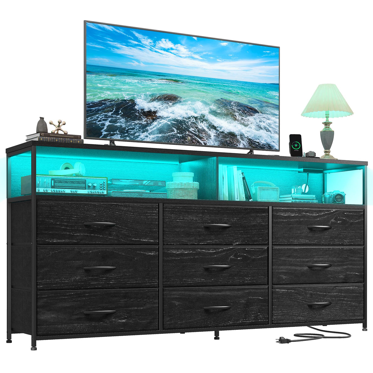 55" W 9 Drawer Dresser with LED and Power Outlets F65779