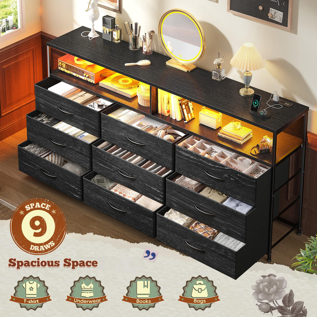 55" W 9 Drawer Dresser with LED and Power Outlets F65779