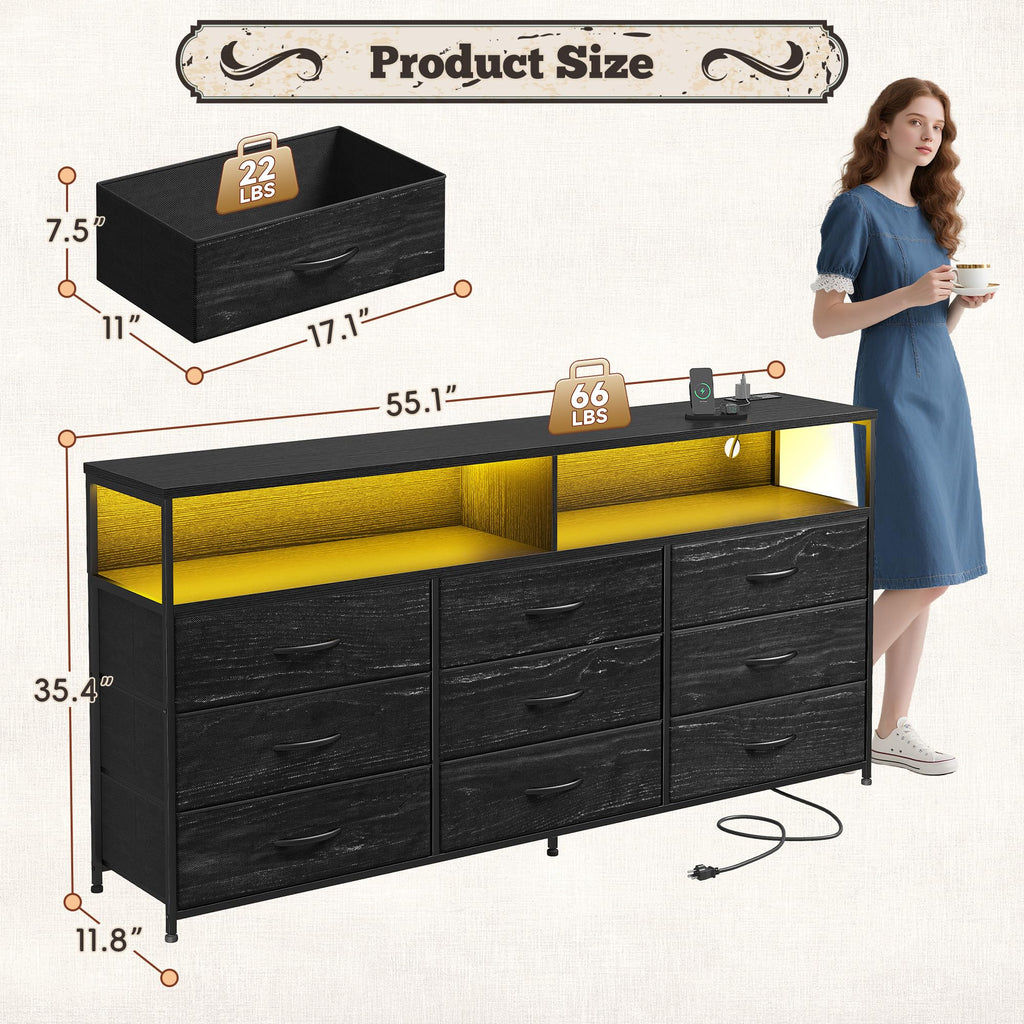 55" W 9 Drawer Dresser with LED and Power Outlets F65779
