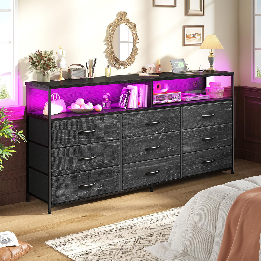 55" W 9 Drawer Dresser with LED and Power Outlets F65779