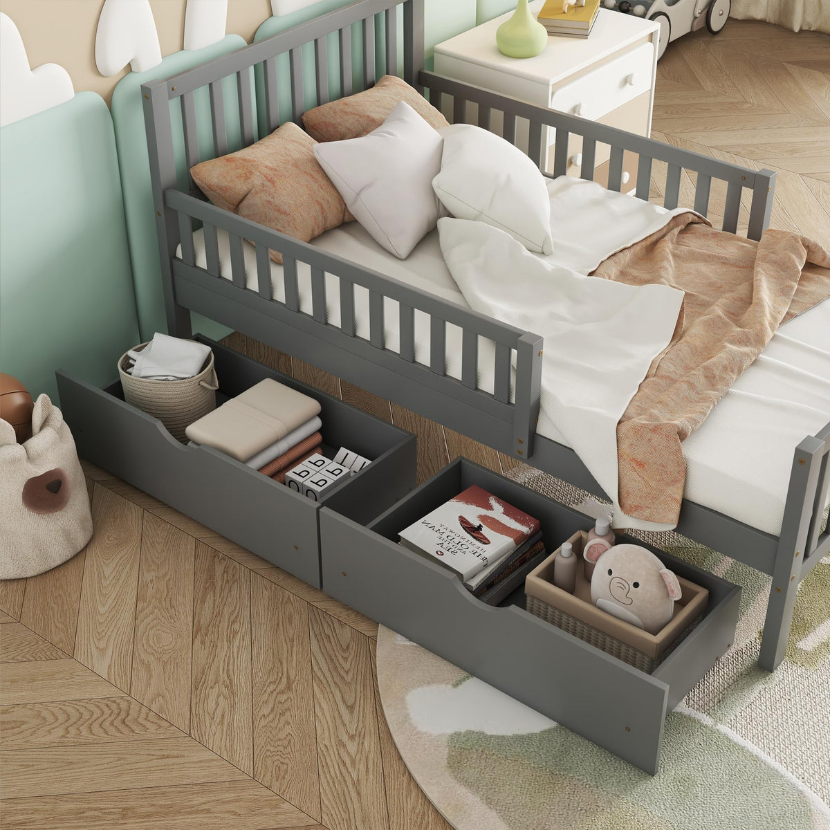 Gray Twin Size Wood Bed Frame with Storage Drawers X950112